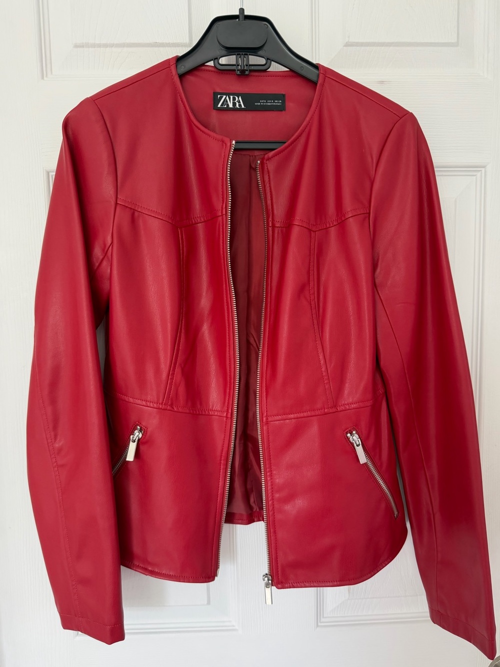 ZARA Red Faux Leather Moto Jacket with Silver Hardware